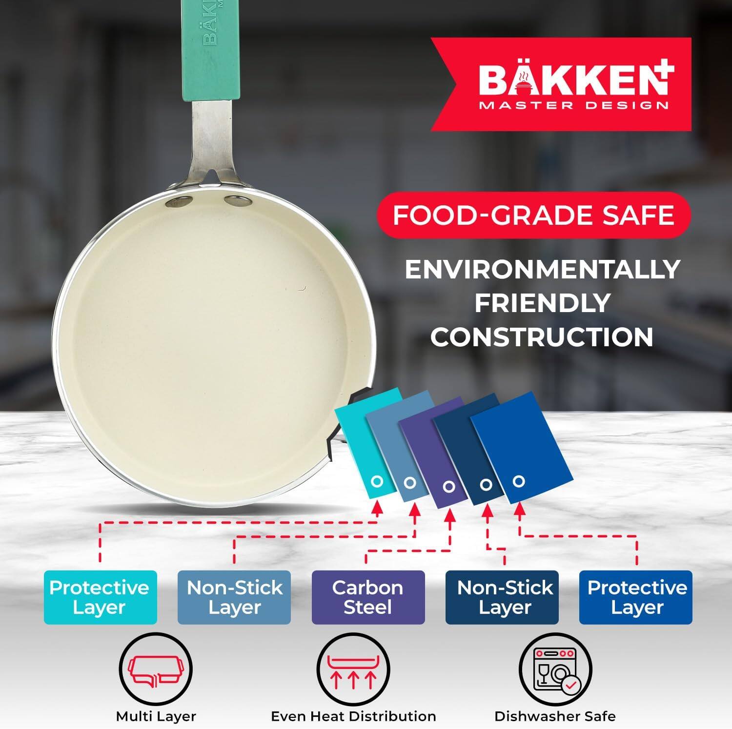 BAKKEN MASTER DESIGN, FOOD-GRADE SAFE, ENVIRONMENTALLY FRIENDLY CONSTRUCTION, Protective Layer, Non-Stick Layer, Carbon Steel, Non-Stick Layer, Protective Layer, Multi Layer, Even Heat Distribution, Dishwasher Safe
