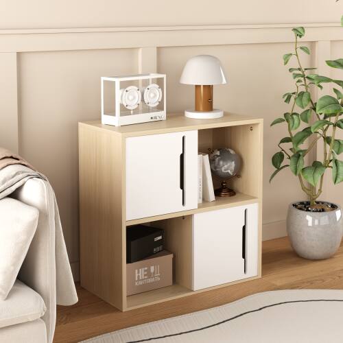 Back. LUCKY ONE - 23.62in Freestanding Wooden Storage Cabinet with Sliding Doors Open and Closed Shelves for Living Room - Natural+White.
