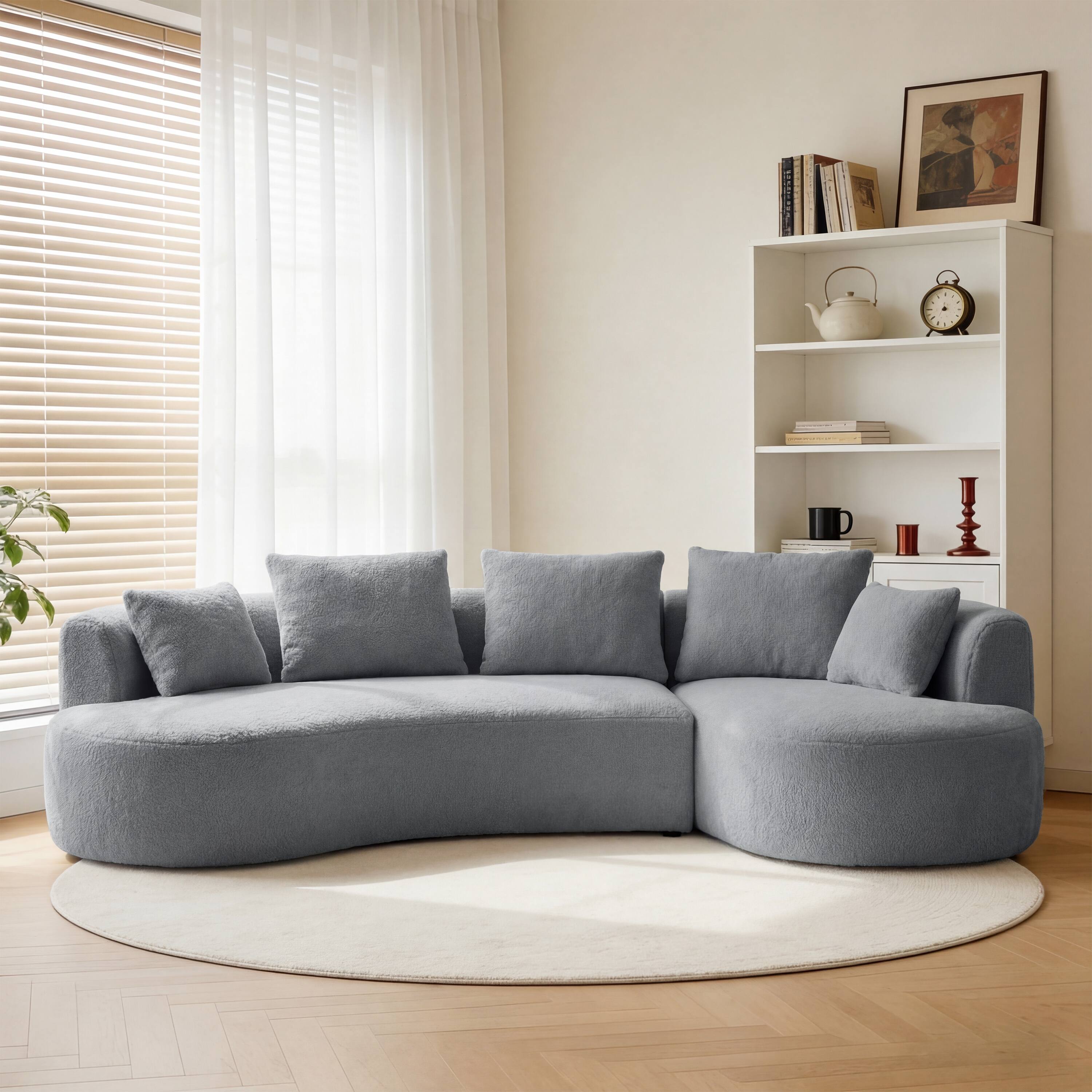 Left. Dyonery - 122" Modern Curved Sectional Sofa with Chaise, Boneless Couch with 5 Throw Pillows  for Living Room - Drak gray.