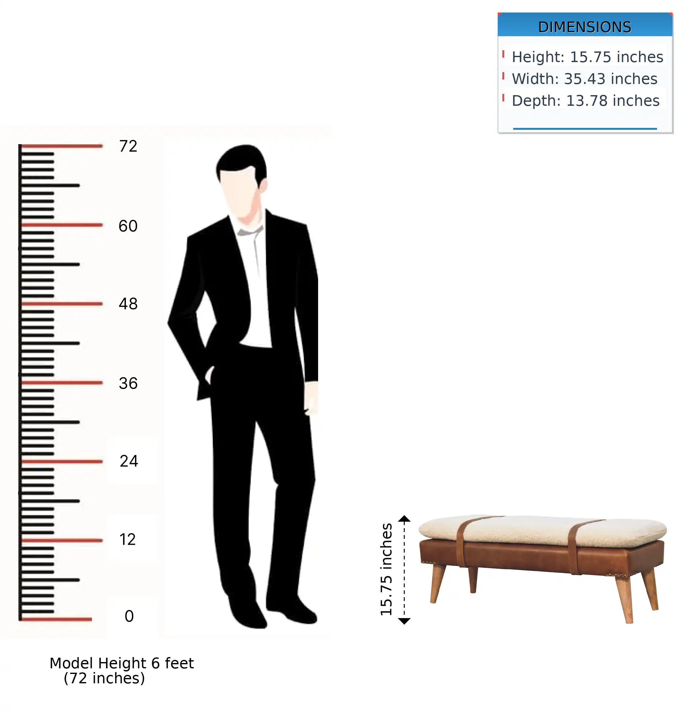 DIMENSIONS  
Height: 15.75 inches  
Width: 35.43 inches  
Depth: 13.78 inches  

72  
60  
48  
36  
24  
12  
0 inches  

Model Height 6 feet (72 inches)