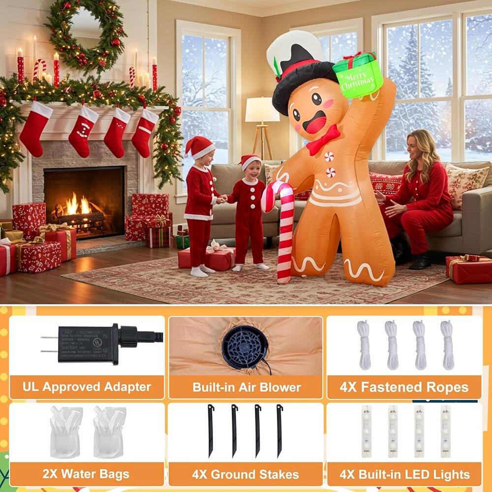 Christmas Merry GY - P D UL Approved Adapter Built-in Air Blower 4X Fastened Ropes 2X Water Bags 4X Ground Stakes 4X Built-in LED Lights