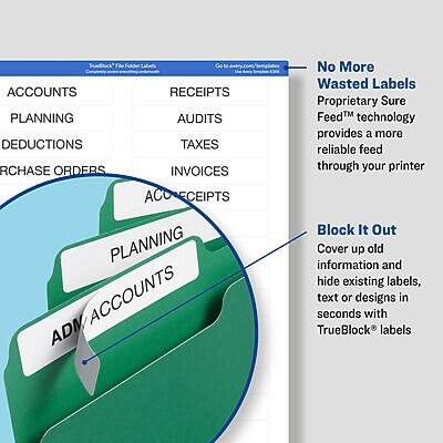 **Accounts**
- Planning
- Deductions
- Purchase Orders
- Invoices

**Receipts**
- Audits
- Taxes

**Planning**
- Accounts

**No More Wasted Labels**
- Proprietary Sure Feed™ technology provides a more reliable feed through your printer

**Block It Out**
- Cover up old information and hide existing labels, text or designs in seconds with TrueBlock® labels