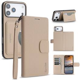 Dteck - 2-in-1 Detachable Wallet Case for Apple iPhone 17 Pro Max, RFID Faux Leather Shockproof Kickstand Cover with Wrist Strap - Apricot