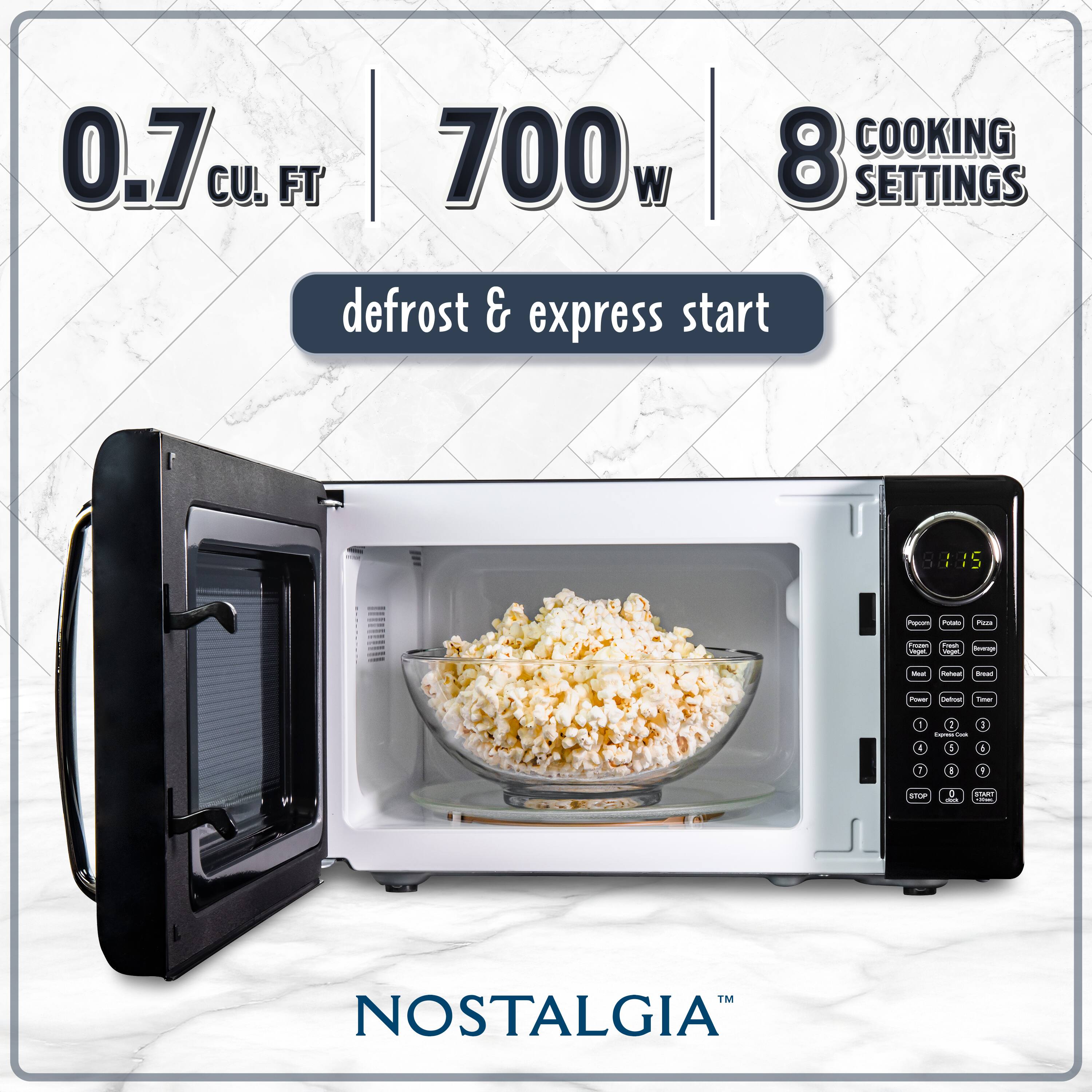 0.7 cu. ft. | 700w | 8 cooking settings  
defrost & express start  
Nostalgia™