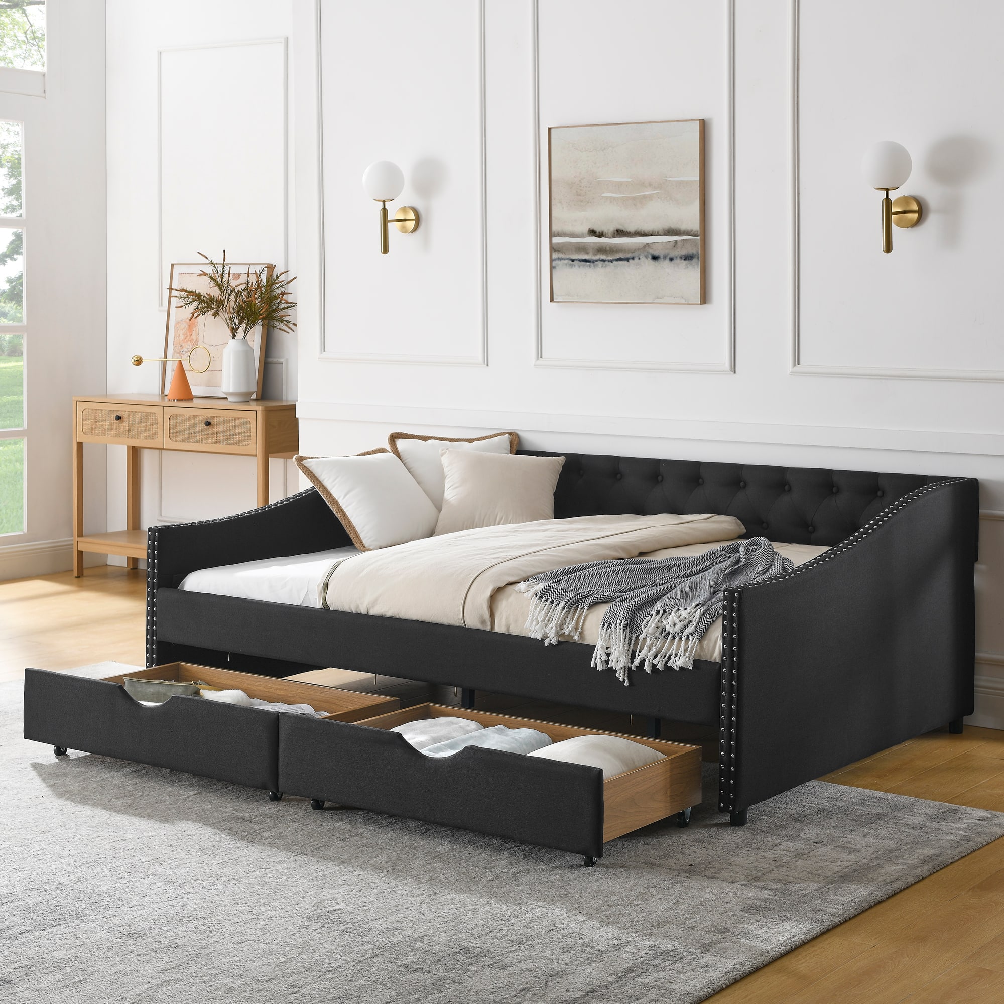Tiramisubest - Full Size Daybed with Drawers Upholstered Tufted Sofa Bed, (80.5''x55.5''x27.5'') - Black