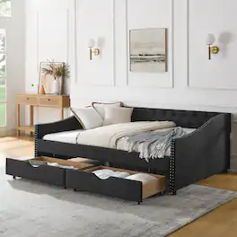Tiramisubest - Full Size Daybed with Drawers Upholstered Tufted Sofa Bed, (80.5''x55.5''x27.5'') - Black