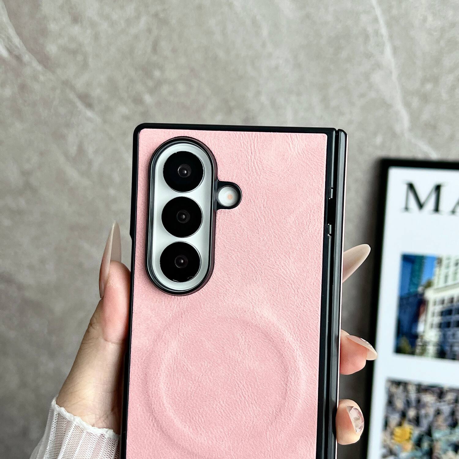 Angle. Dteck - Magnetic Flip Phone Case Bulit in Screen Protector for Samsung Galaxy Z Fold7,Faux Leather Shockproof Full Body Cover - Purple.