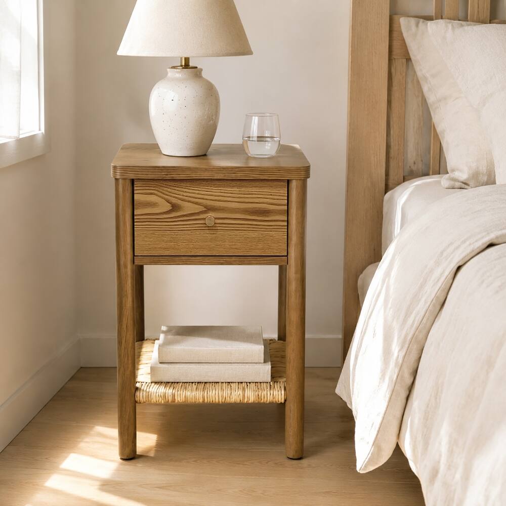 Back. Loheer - Loheer Walnut Nightstand Solid Wood End Table with Drawer Jute Shelf Rounded Edge Bedside Table for Bedroom Living Room - Walnut.