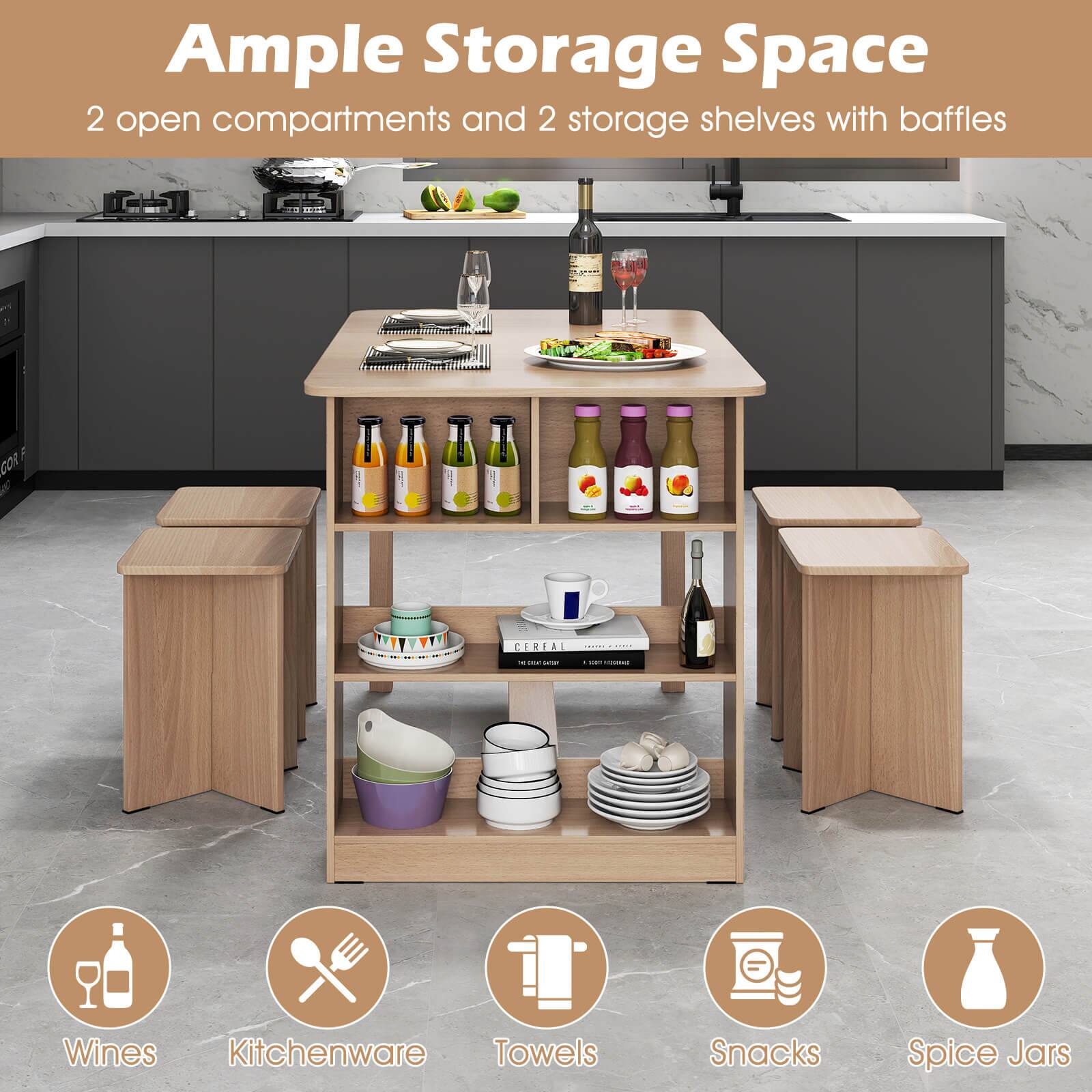 Ample Storage Space  
2 open compartments and 2 storage shelves with baffles  

- Wines  
- Kitchenware  
- Towels  
- Snacks  
- Spice Jars