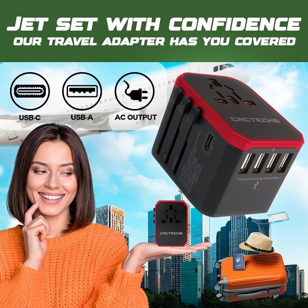 JET SET WITH CONFIDENCE  
OUR TRAVEL ADAPTER HAS YOU COVERED  

USB-C  
USB-A  
AC OUTPUT  

CACTECHS  
US8