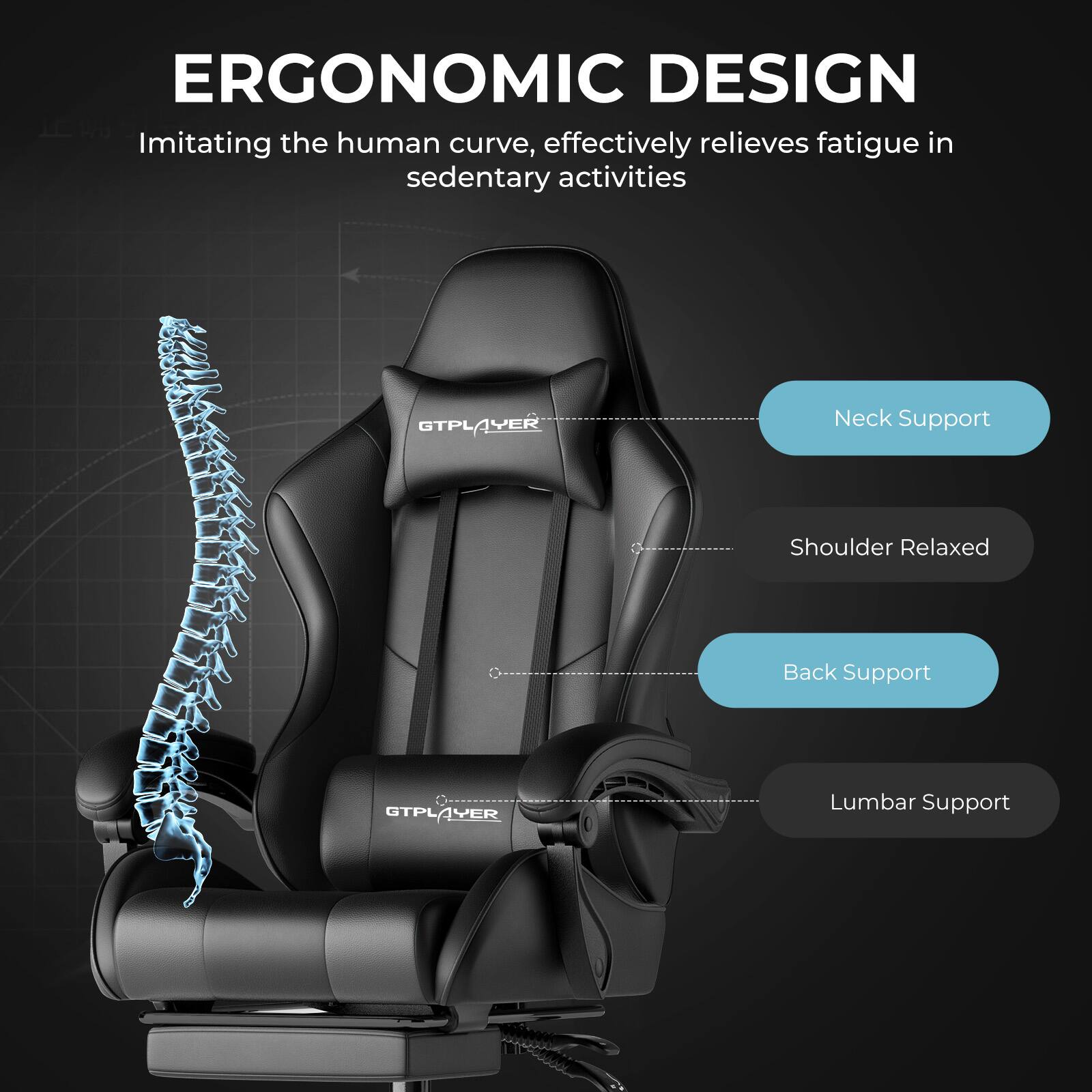 ERGONOMIC DESIGN  
Imitating the human curve, effectively relieves fatigue in sedentary activities  

GTPLAYER  
Neck Support  
Shoulder Relaxed  
Back Support  
Lumbar Support