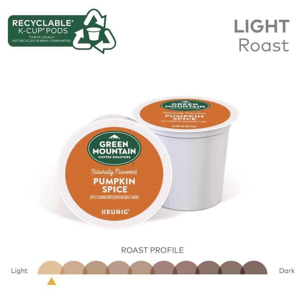 RECYCLABLE* K-CUP® PODS  
CHECK LOCALLY  
NOT RECYCLED IN MANY COMMUNITIES  

LIGHT Roast  

GREEN MOUNTAIN COFFEE ROASTERS  
Naturally Flavored  
PUMPKIN SPICE  
COFFEE FLAVORED WITH OTHER NATURAL FLAVORS  
KEURIG®  

ROAST PROFILE  
Light  
Dark  

*CHECK LOCALLY