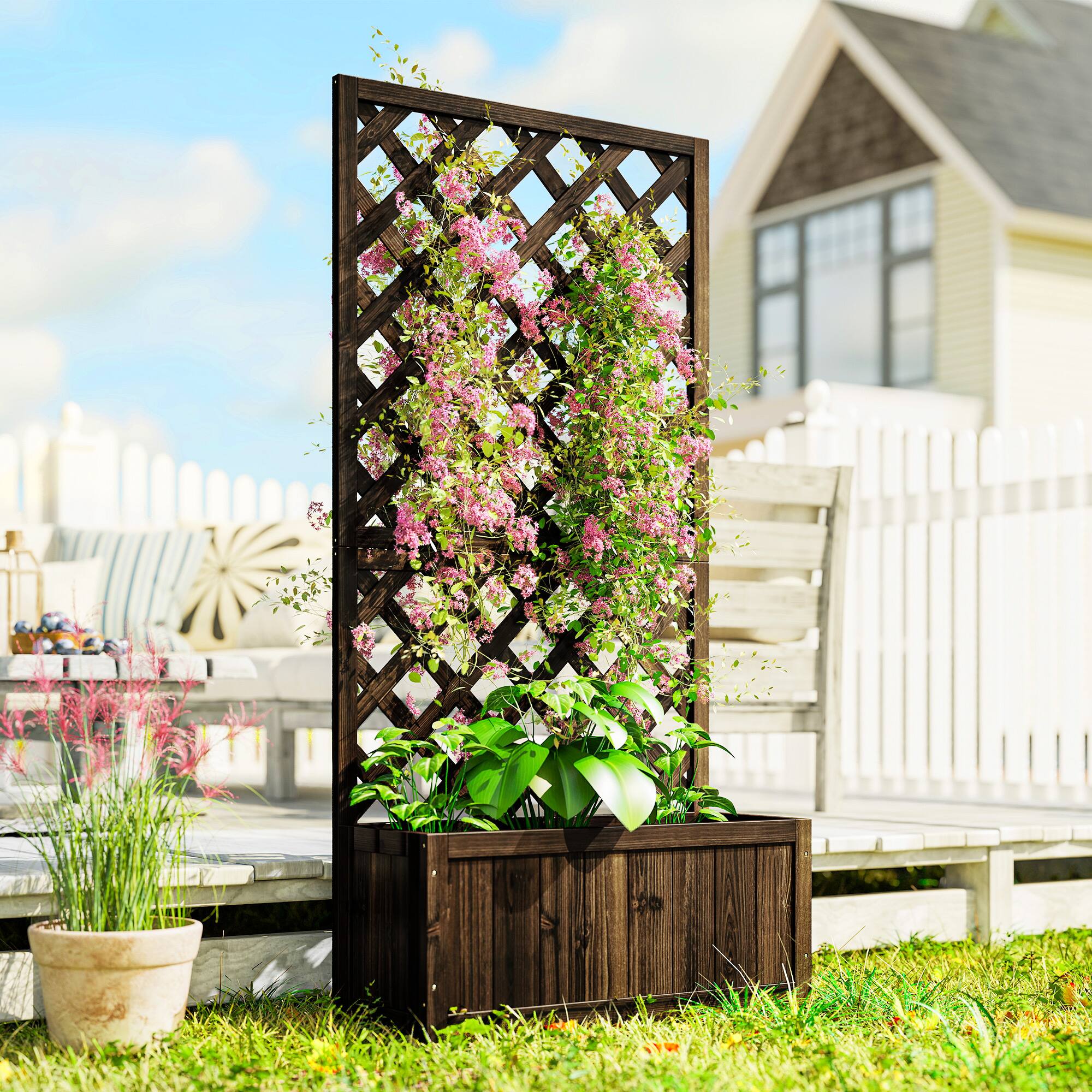 Alt View 1. Outsunny - Wooden Raised Garden Bed Planting Planter Box with Trellis and Drain Holes for Climbing Vine Plants - Brown.