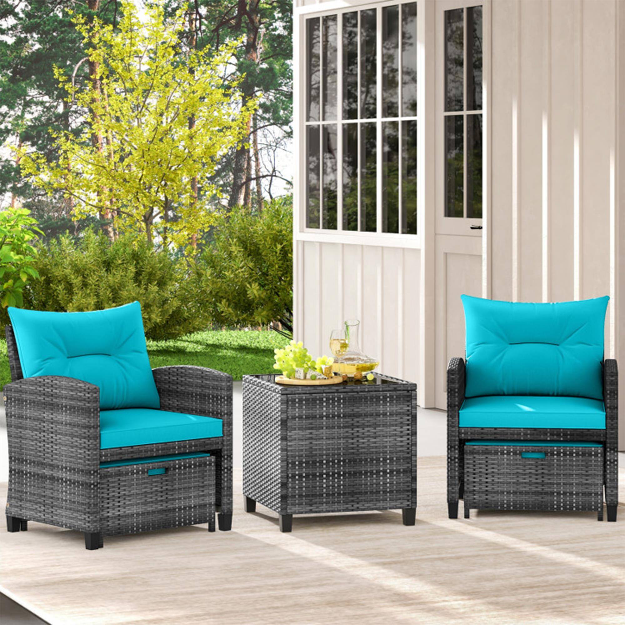 Alt View 2. Boyel Living - Turquoise 5 Piece Patio Rattan Furniture with 2 Ottomans and Tempered Glass Coffee Table-Turquoise 260-in W x 300-in D - Turquoise.
