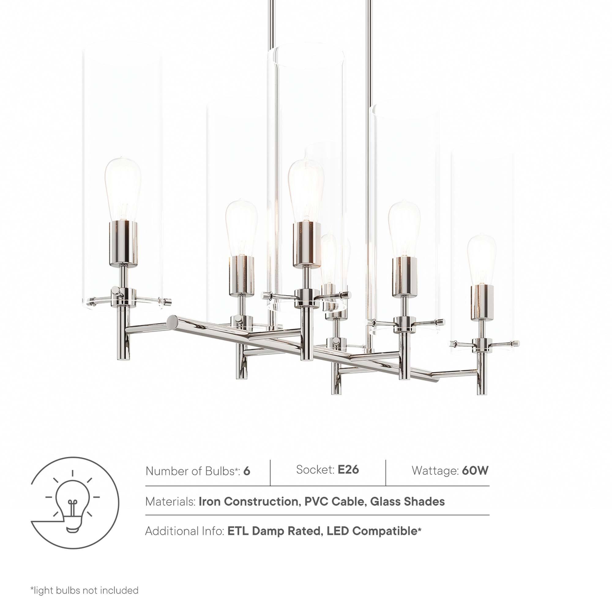 Number of Bulbs*: 6  
Socket: E26  
Wattage: 60W  
Materials: Iron Construction, PVC Cable, Glass Shades  
Additional Info: ETL Damp Rated, LED Compatible*  

*light bulbs not included