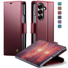 Dteck - Wallet Case for Samsung Galaxy Z Fold7 Premium Leather RFID Card Slots Kickstand Shockproof Magnetic Clasp Cover - Wine