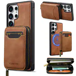 Dteck - 2-in-1 Magnetic Detachable Zipper Wallet Case for Samsung Galaxy S26 Ultra, RFID Blocking PU Leather Phone Cover - Brown