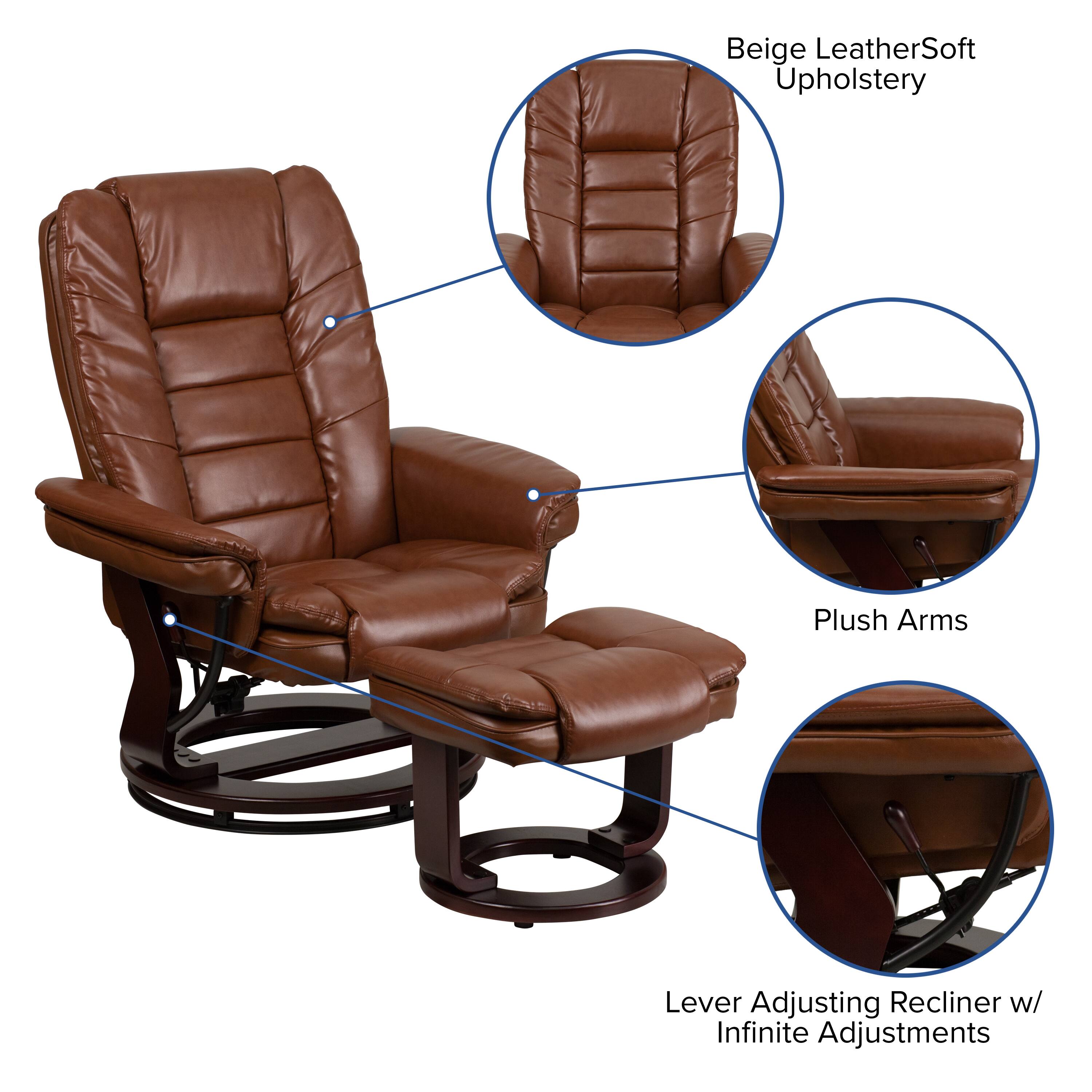Beige LeatherSoft Upholstery  
Plush Arms  
Lever Adjusting Recliner w/ Infinite Adjustments