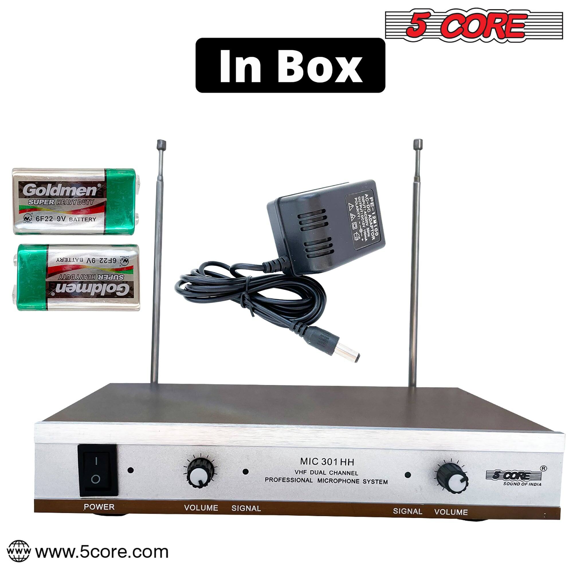 In Box 5 CORE Goldmen SUPER HELOVIAND N. 6F22 9V BATTERY A6 GF22 AA AA D!11 I O MIC 301 HH VHE DUAL CHANNEL PROFESSIONAL MICROPHONE SYSTEM. CORE SOUND INENA POWER VOLUME SIGNAL SIGNAL VOLUME www.5core.com