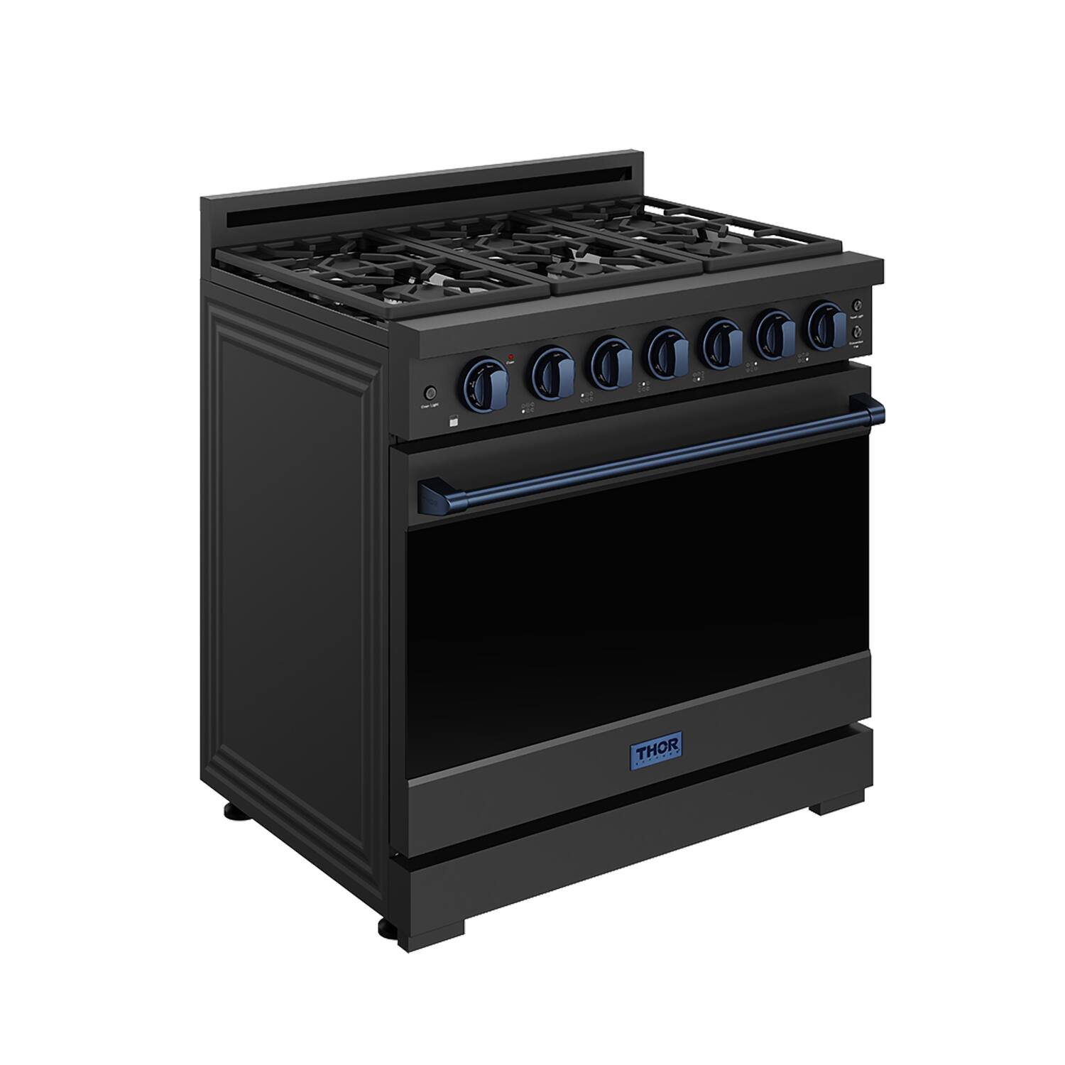 Left. Thor Kitchen - Gordon Ramsay Series by Thor Kitchen 6.0 Cu. Ft Freestanding Gas Range with Navy Blue Hardware - Black.