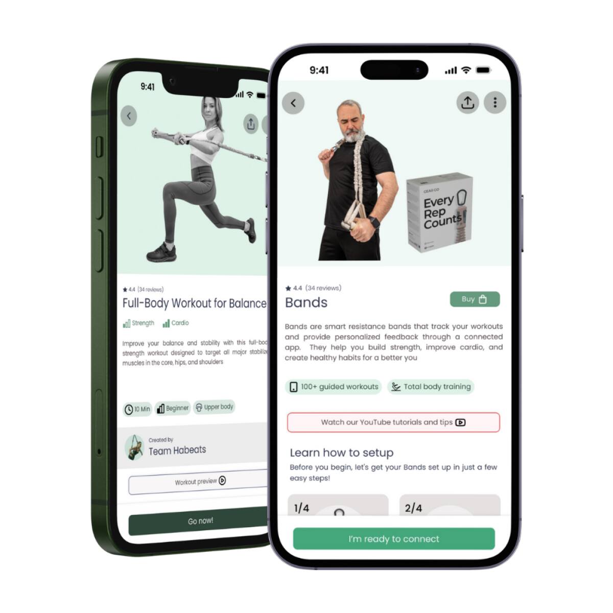 **Full-Body Workout for Balance Bands**

**4.4 (34 reviews)**

**Strength** | **Cardio**

Improve your balance and stability with this full-body strength workout designed to target all major stabilizer muscles in the core, hips, and shoulders.

**10 Min** | **Beginner** | **Upper body**

Created by **Team Habeats**

**Workout preview** | **Go now!**

---

**Bands**

**4.4 (34 reviews)**

Bands are smart resistance bands that track your workouts and provide personalized feedback through a connected app. They help you build strength, improve cardio, and create healthy habits for a better you.

**100+ guided workouts** | **Total body training**

Watch our YouTube tutorials and tips

Learn how to set up

Before you begin, let's get your Bands set up in just a few easy steps!

**1/4** | **2/4**

**I'm ready to connect**