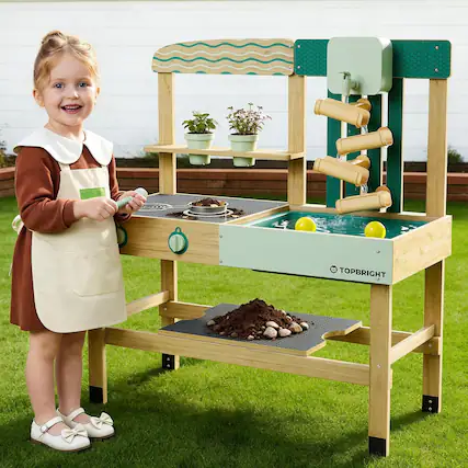 Front. TOPBRIGHT - 4 In 1 Mud Kitchen For Kids Wooden Outdoor Cooking Playset For Water & Sand Play With Accessories.