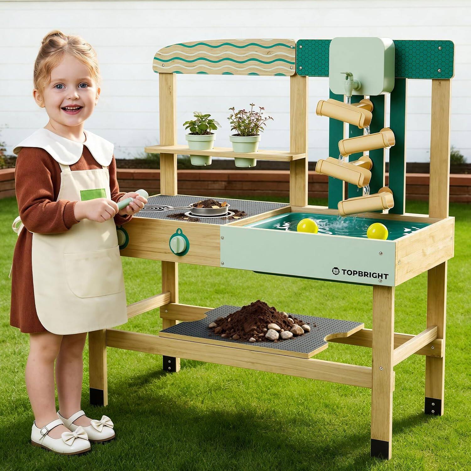 Front. TOPBRIGHT - 4 In 1 Mud Kitchen For Kids Wooden Outdoor Cooking Playset For Water & Sand Play With Accessories.