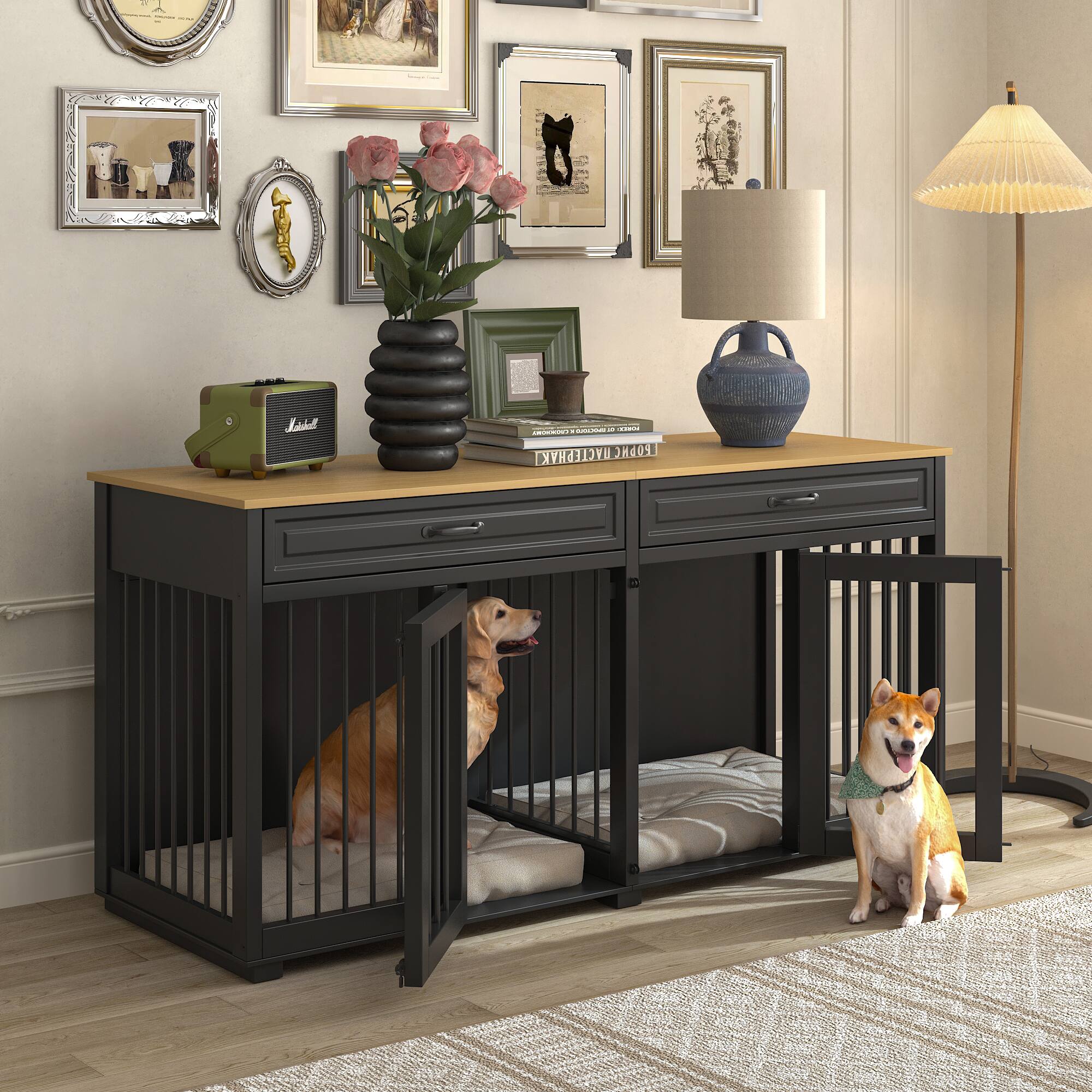 Left. Famapy - Dog Crate Furniture with Drawers Multi-Functional Indoor Pet Kennel, Stylish Dog Cage & TV Stand for Living Room.