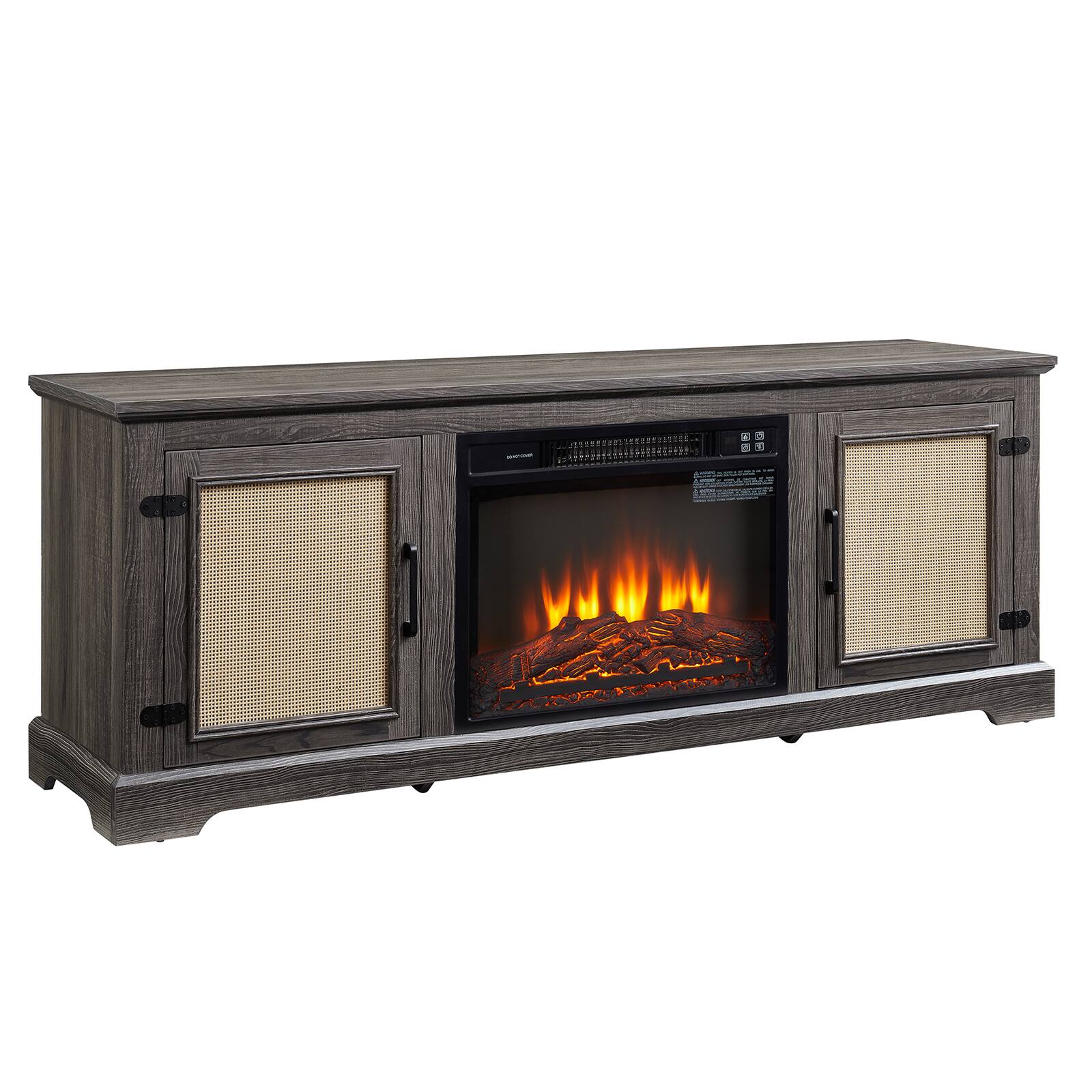 Alt View 7. Chateau Abodes - 65" Farmhouse TV Stand with Natural Rattan Doors, Adjustable Wood Shelf & 23" Fireplace Insert for up to 70" TVs - Grey.