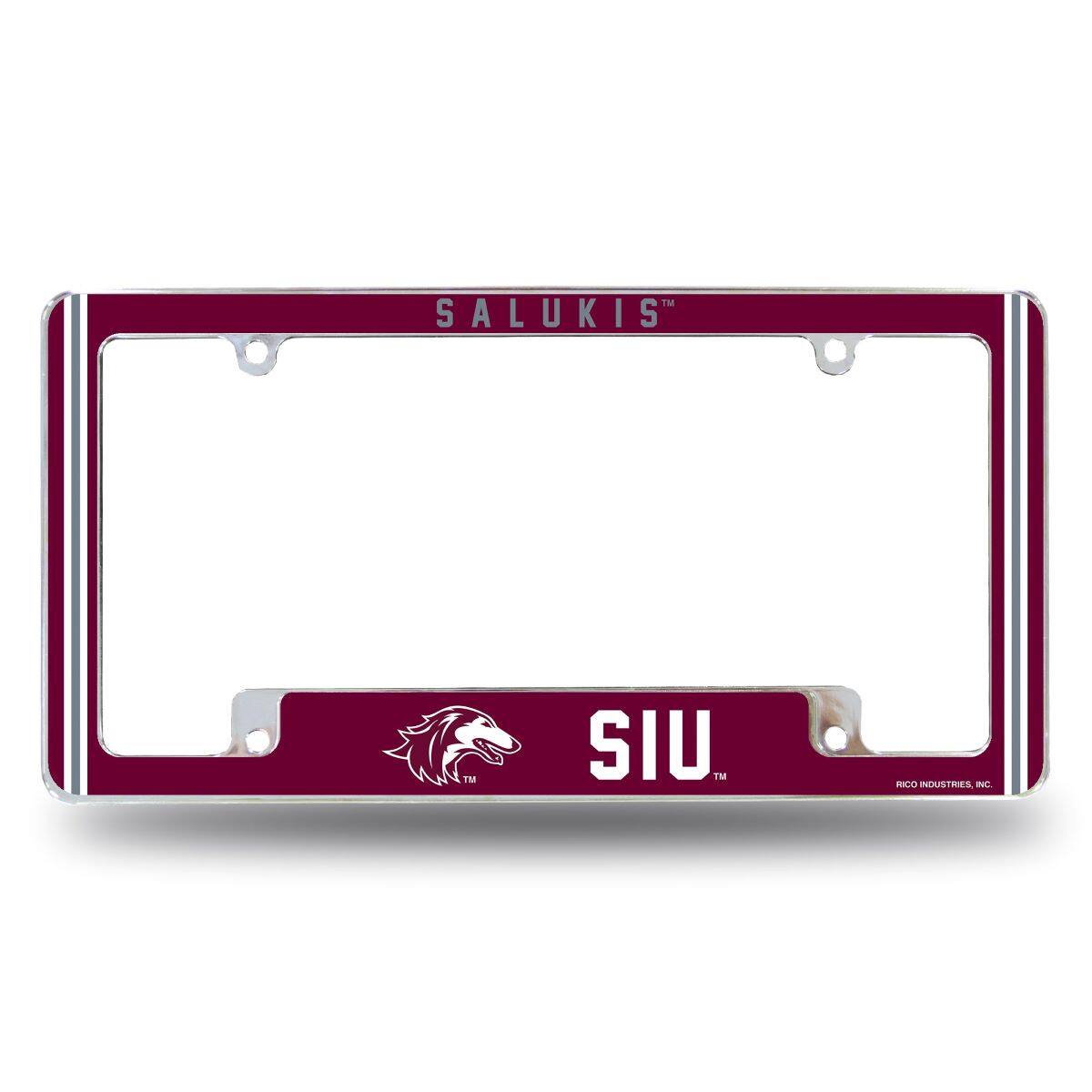 Southern Illinois Salukis Chrome Metal License Plate Frame with Full Frame Team Color Graphics