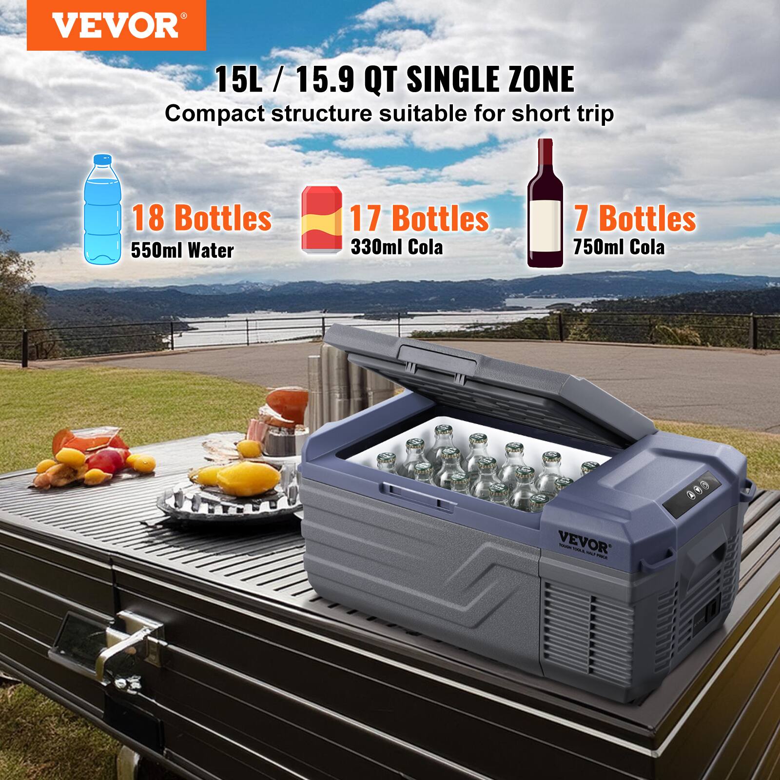 VEVOR 15L / 15.9 QT SINGLE ZONE Compact structure suitable for short trip
18 Bottles 550ml Water
17 Bottles 330ml Cola
7 Bottles 750ml Cola