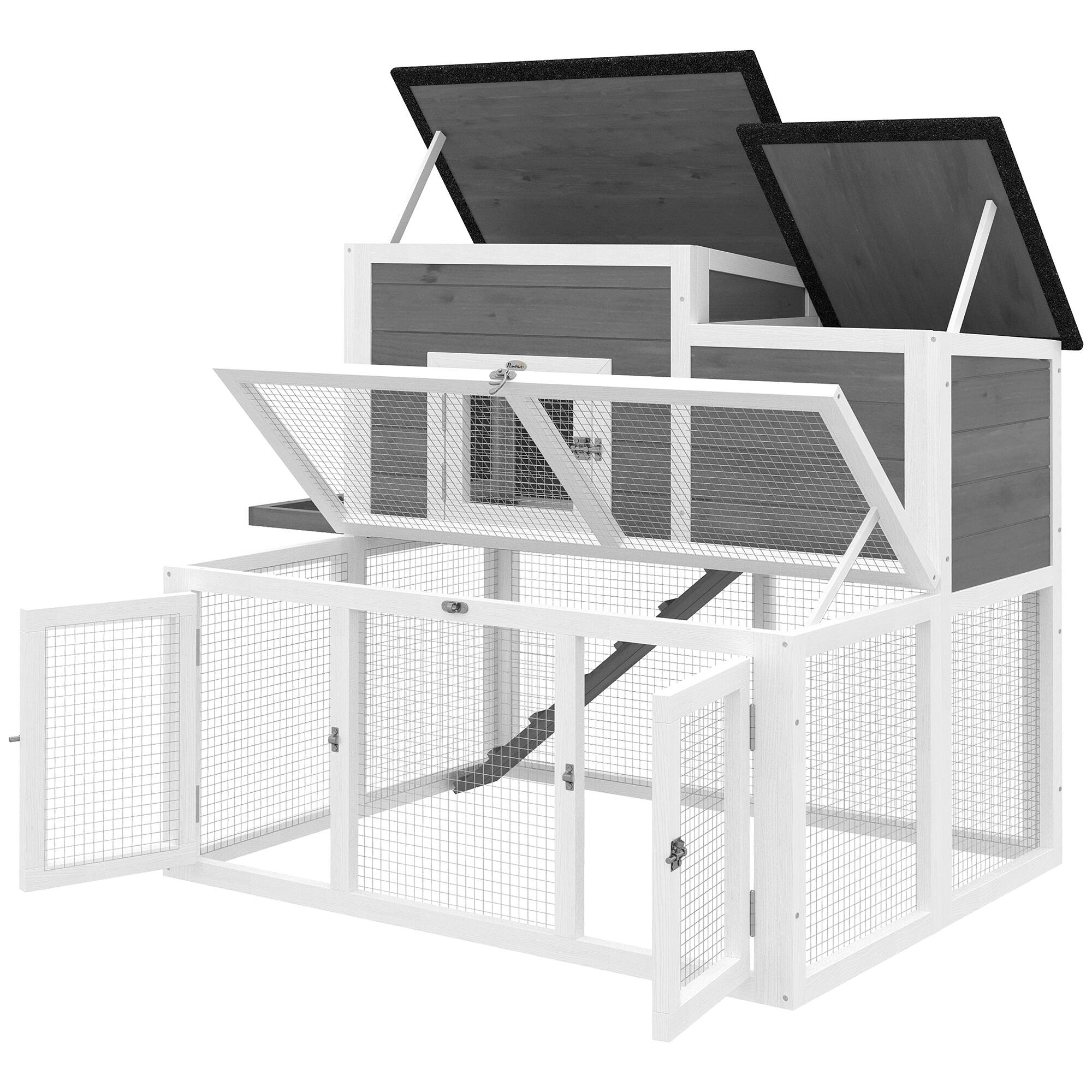 Front. Pawhut - Rabbit Hutch, 2-Story Bunny Cage with Run, Waterproof & Openable Roof - Gray.