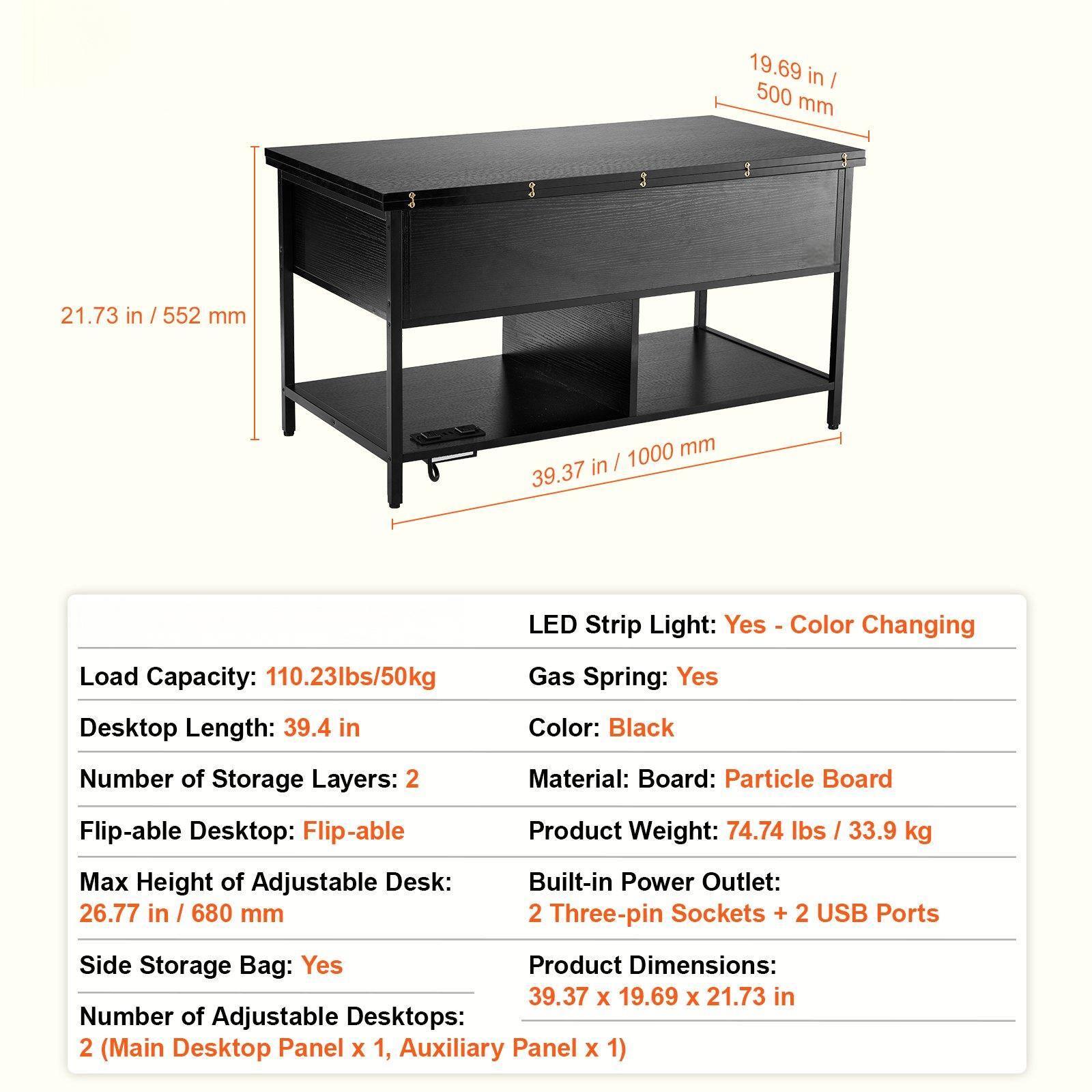 Sure, here is the corrected and grouped text:

---

**LED Strip Light:** Yes - Color Changing  
**Gas Spring:** Yes  
**Color:** Black  
**Material:** Board: Particle Board  

**Load Capacity:** 110.23 lbs / 50 kg  
**Desktop Length:** 39.4 in  
**Number of Storage Layers:** 2  
**Flip-able Desktop:** Flip-able  
**Max Height of Adjustable Desk:** 26.77 in / 680 mm  
**Side Storage Bag:** Yes  
**Number of Adjustable Desktops:** 2 (Main Desktop Panel x 1, Auxiliary Panel x 1)  

**Built-in Power Outlet:** 2 Three-pin Sockets + 2 USB Ports  

**Product Weight:** 74.74 lbs / 33.9 kg  
**Product Dimensions:** 39.37 x 19.69 x 21.73 in  

**Dimensions:**  
- 19.69 in / 500 mm  
- 21.73 in / 552 mm  
- 39.37 in / 1000 mm  

---