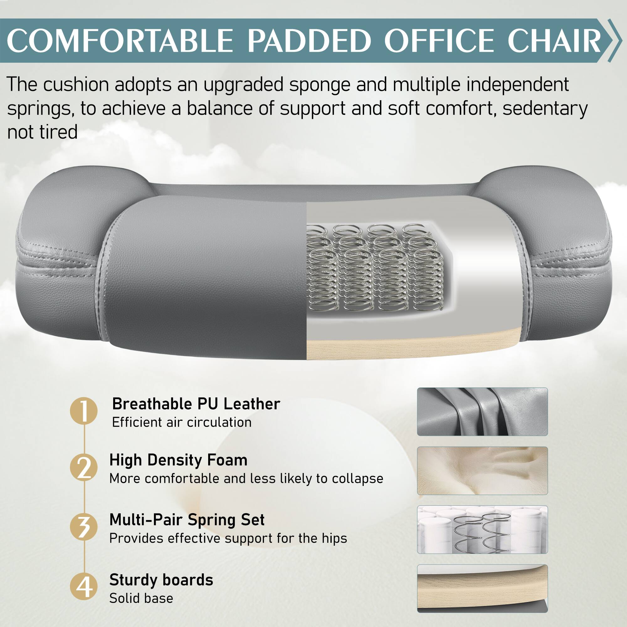 COMFORTABLE PADDED OFFICE CHAIR

The cushion adopts an upgraded sponge and multiple independent springs, to achieve a balance of support and soft comfort, sedentary not tired

1. Breathable PU Leather
Efficient air circulation

2. High Density Foam
More comfortable and less likely to collapse

3. Multi-Pair Spring Set
Provides effective support for the hips

4. Sturdy boards
Solid base