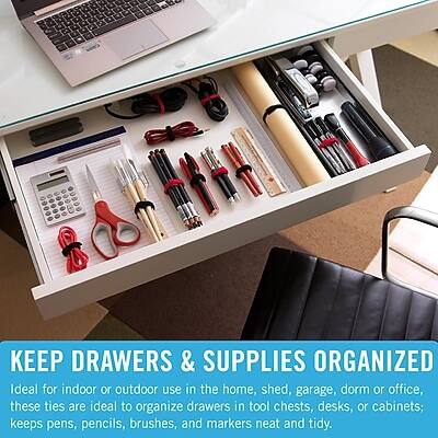 KEEP DRAWERS & SUPPLIES ORGANIZED

Ideal for indoor or outdoor use in the home, shed, garage, dorm, or office, these ties are ideal to organize drawers in tool chests, desks, or cabinets; keeps pens, pencils, brushes, and markers neat and tidy.