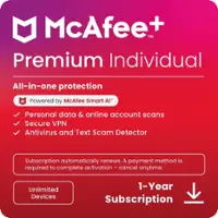 McAfee - McAfee+ Premium Individual (Unlimited Devices) Internet Security Software (1-Year Subscription with Auto-Renewal) - Android, Apple iOS, Chrome, Mac OS, Windows [Digital] - Front_Zoom