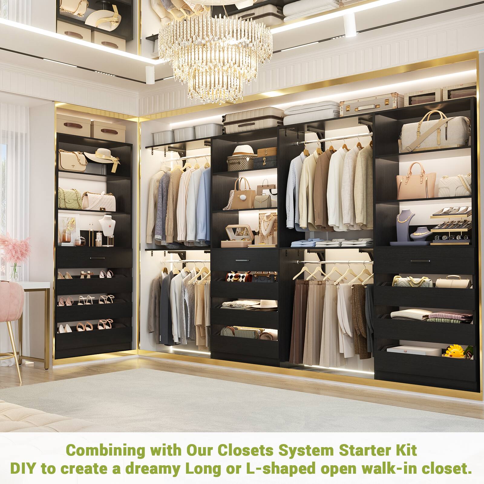 Combining with Our Closets System Starter Kit DIY to create a dreamy Long or L-shaped open walk-in closet.