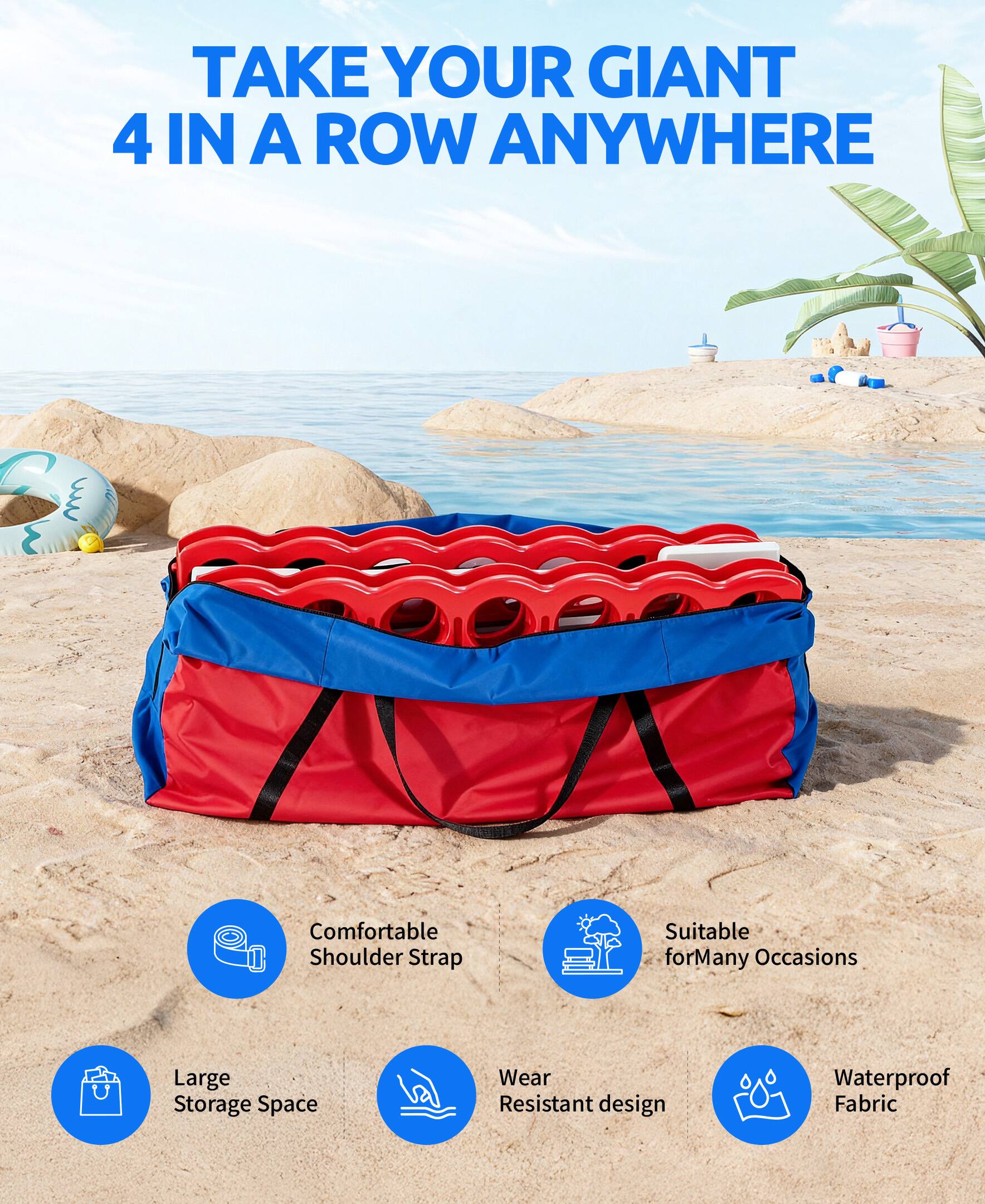 TAKE YOUR GIANT 4 IN A ROW ANYWHERE

- Comfortable Shoulder Strap
- Large Storage Space
- Wear Resistant design
- Waterproof Fabric
- Suitable for Many Occasions