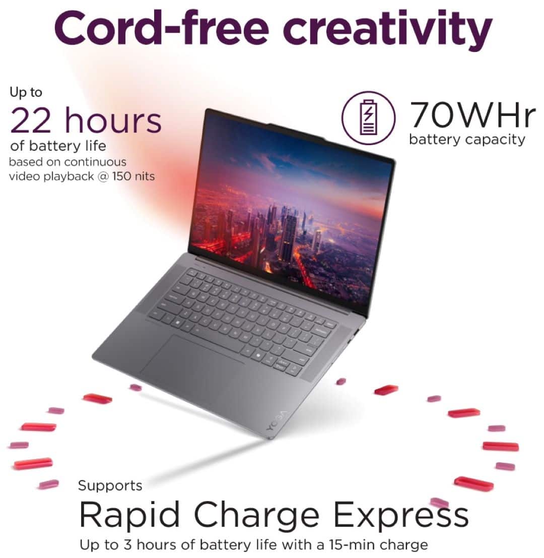 Cord-free creativity: Up to 22 hours of battery life based on continuous video playback @ 150 nits. 70WHr battery capacity. Supports Rapid Charge Express: Up to 3 hours of battery life with a 15-min charge.