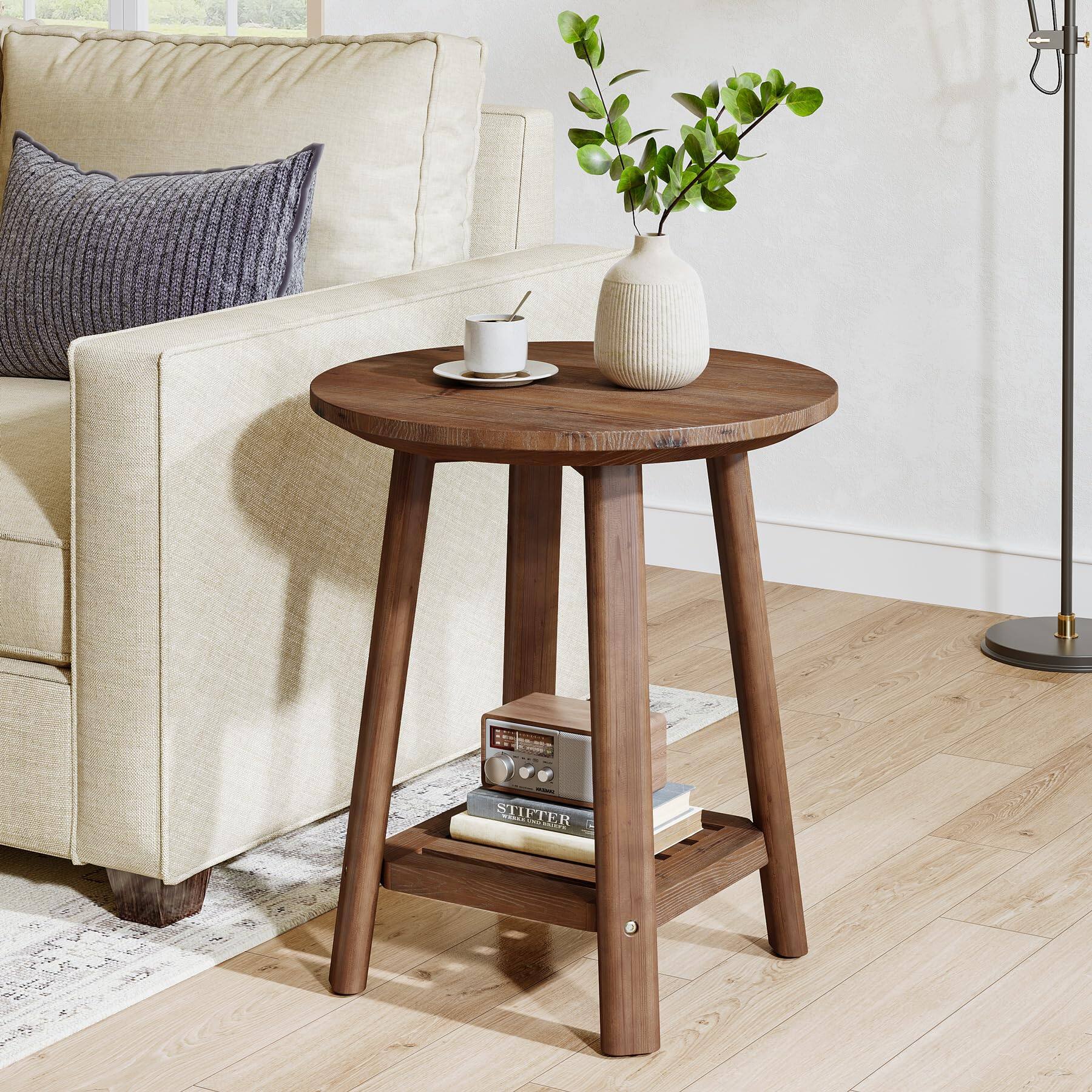 Front. Tribesigns - 19.7-Inch Solid Wood Round End Table with Lower Storage Shelf for Living Room or Bedroom - Walnut.