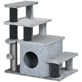 Pawhut - Height 3 Step/4 Step Cat Stairs w/ Sisal Cat Scratching Post, Cat Condo, Toy Ball, for Bed, Sofa - Gray