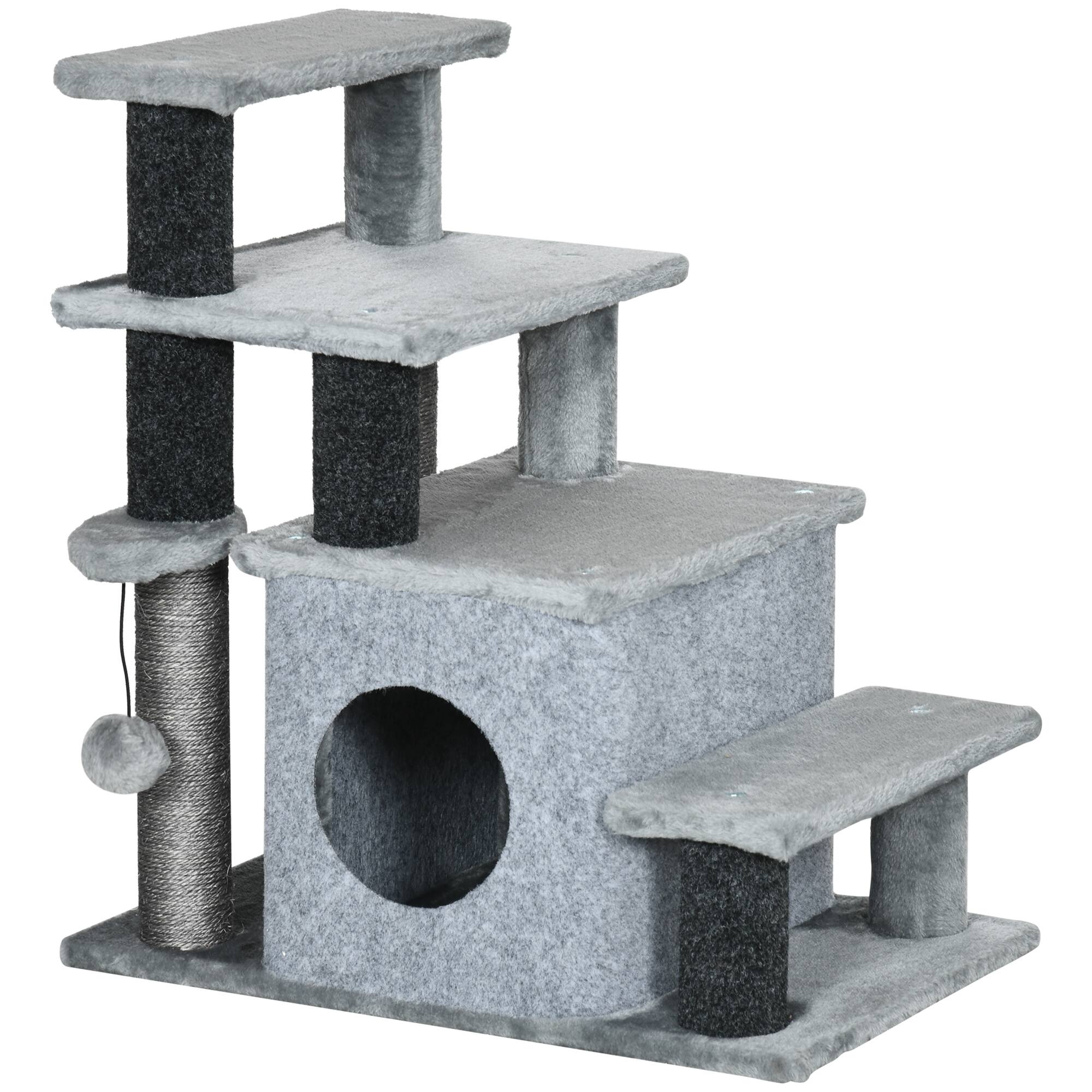 Front. Pawhut - Height 3 Step/4 Step Cat Stairs w/ Sisal Cat Scratching Post, Cat Condo, Toy Ball, for Bed, Sofa - Gray.