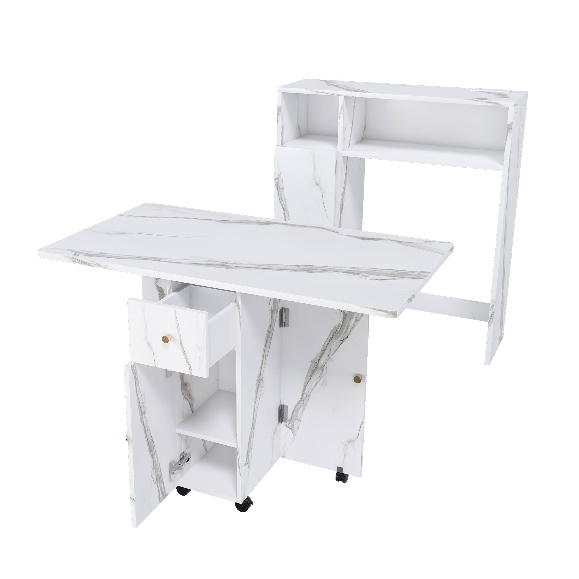 Back. Tiramisubest - Multifunctional Folding Dining Table with Wall-Mounted Sideboard and Storage for Small Apartments (White) - White.