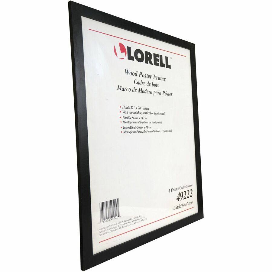 LORELL Wood Poster Frame  
Cadre de bois  
Marco de Madera para Poster  

Holds 22" x 28" insert  
Wall mountable, vertical or horizontal  
Entaille 56 cm x 71 cm  
Montage mural vertical ou horizontal  
Inserción de 56 x 71 cm  
Montaje en Pared de Forma Vertical o Horizontal  

1 Frame/Cadre/Marco  
49222  
Black/Negro