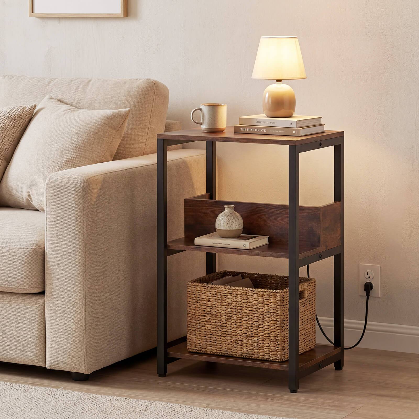 Alt View 3. Costway - Costway 1 PCS Nightstand with Charging Station, 3-Tier Bedside Table with Open Shelves & Metal Frame - Rustic Brown.