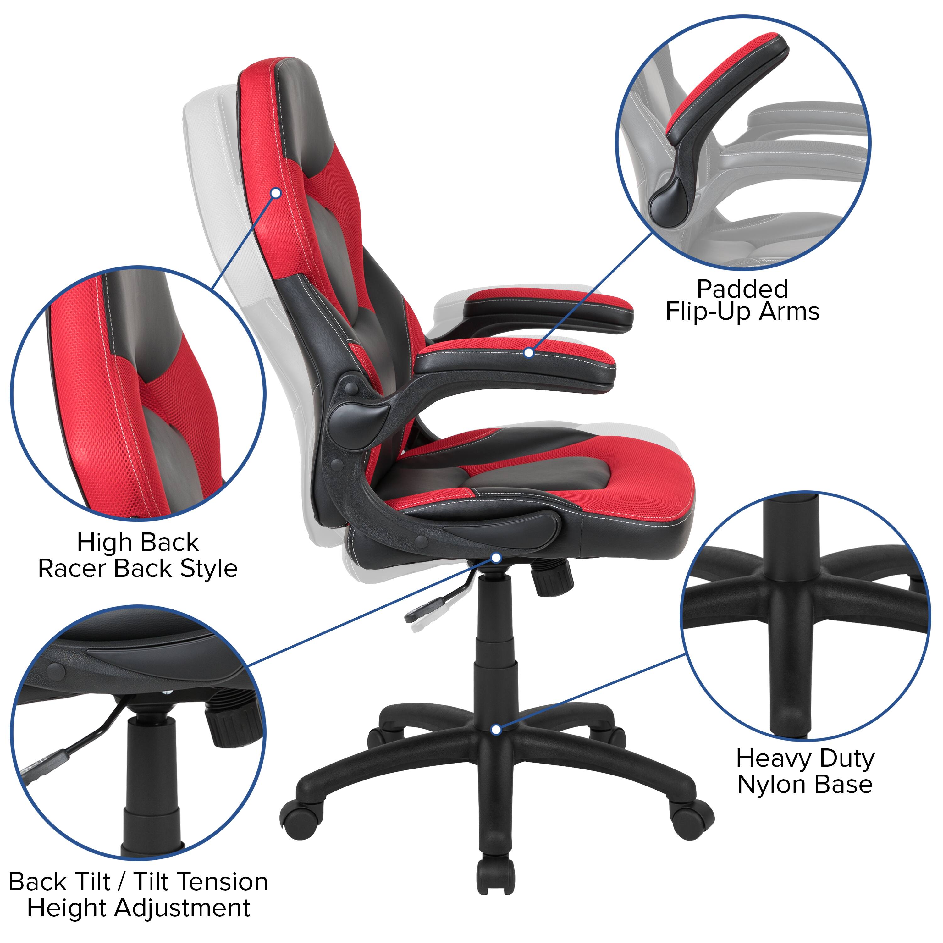 Padded Flip-Up Arms  
High Back Racer Back Style  
Heavy Duty Nylon Base  
Back Tilt / Tilt Tension Height Adjustment