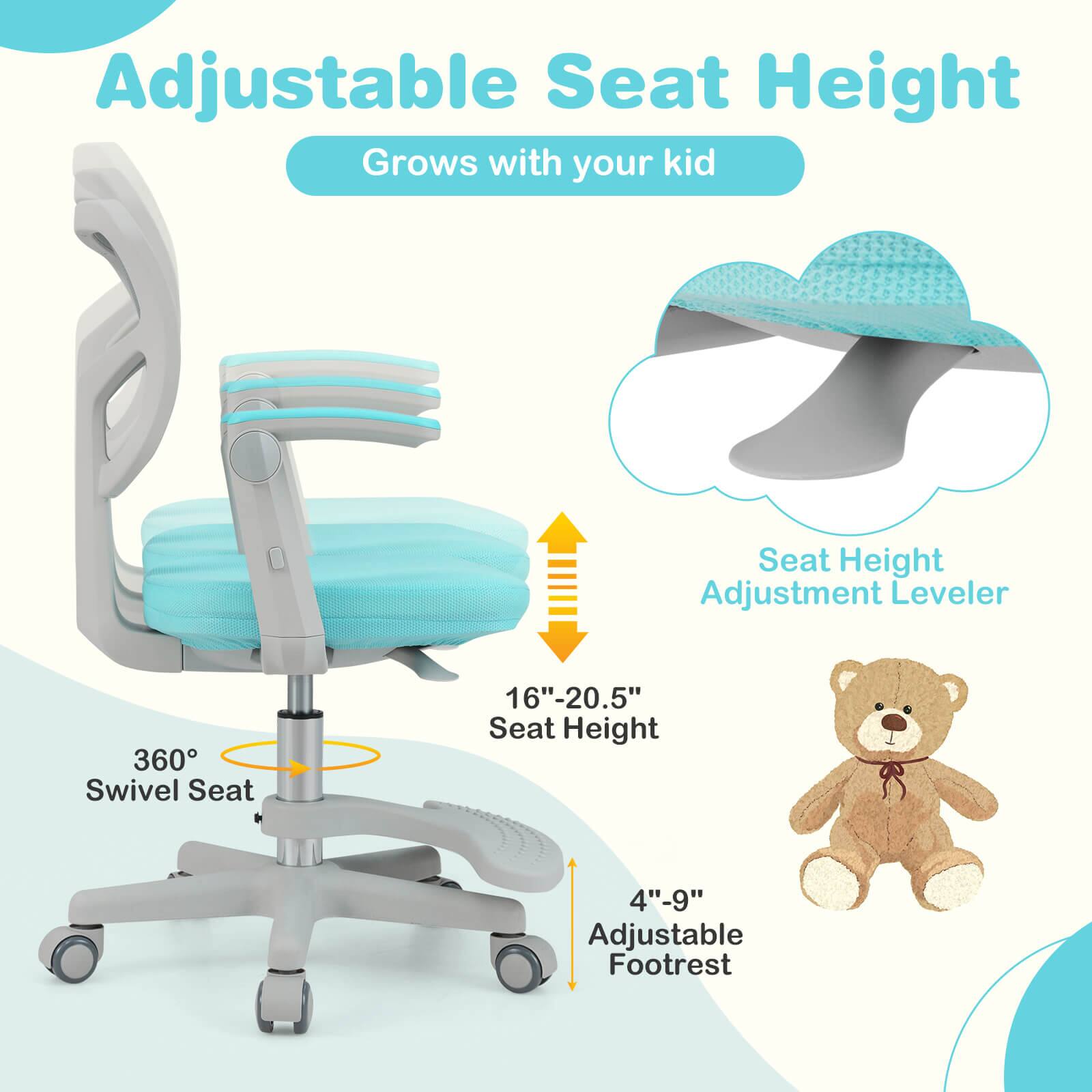 Adjustable Seat Height  
Grows with your kid  

360° Swivel Seat  

Seat Height Adjustment Leveler  
16"-20.5" Seat Height  

Adjustable Footrest  
4"-9" Foot Height