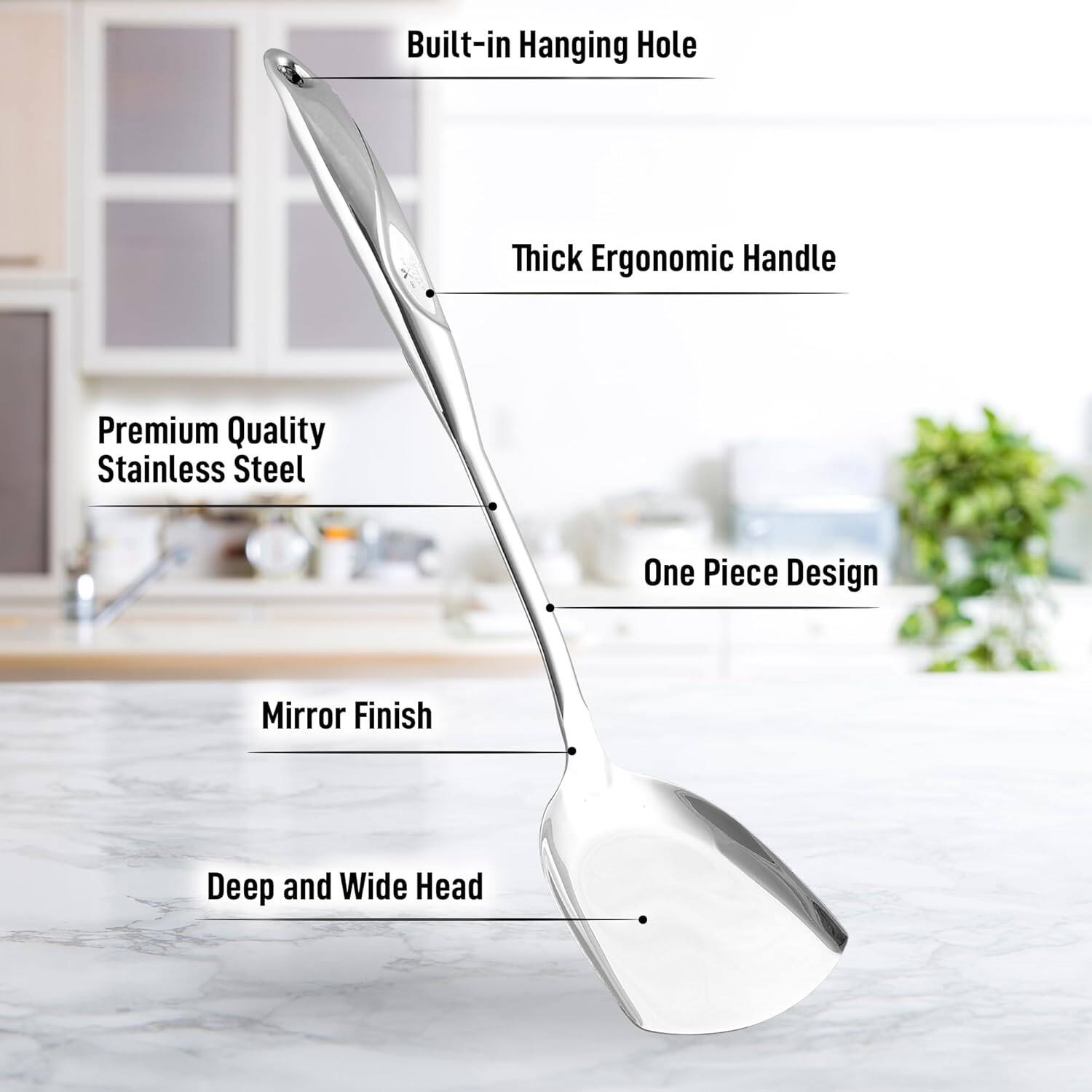 - Built-in Hanging Hole
- Thick Ergonomic Handle
- Premium Quality Stainless Steel
- One Piece Design
- Mirror Finish
- Deep and Wide Head