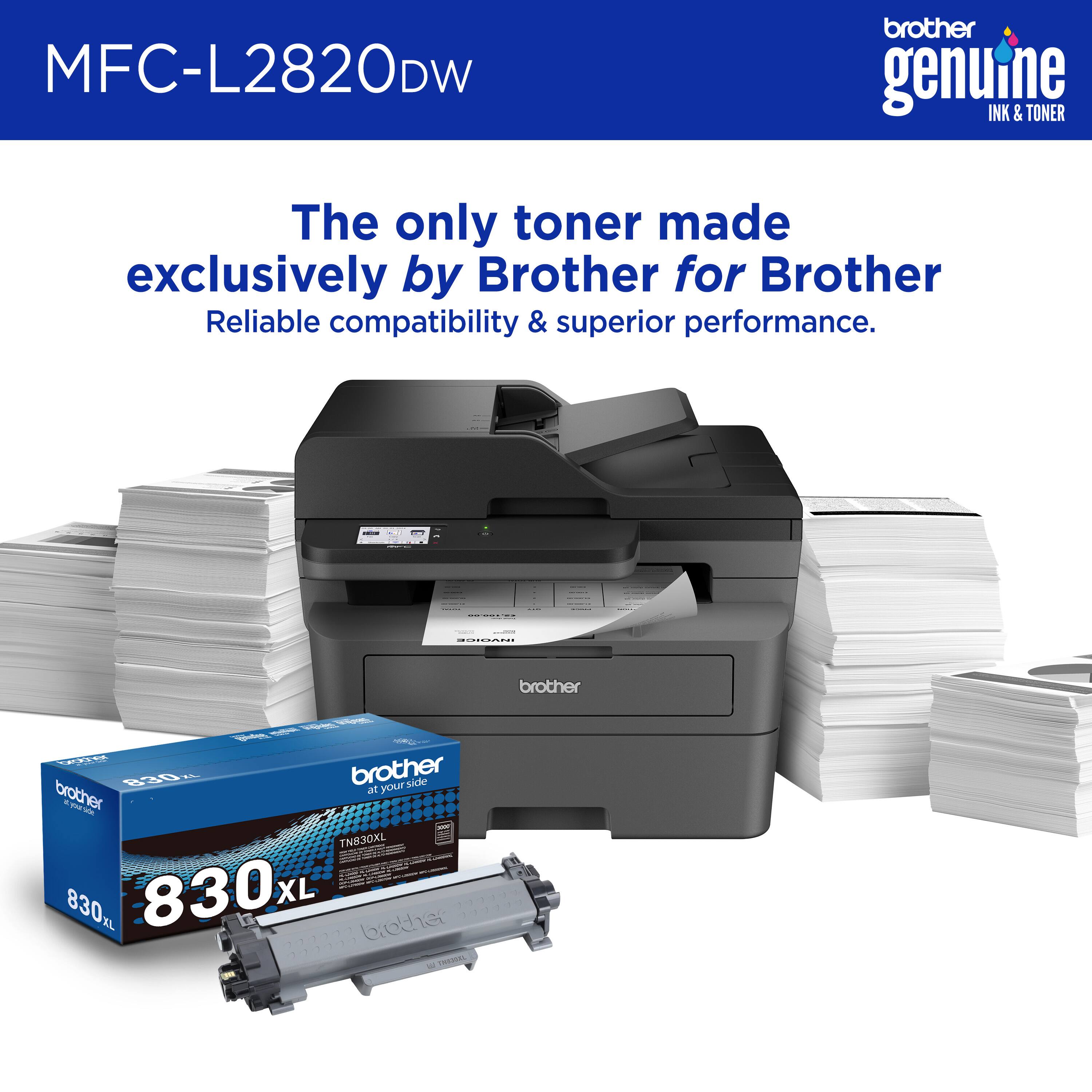 The image features a Brother MFC-L2820DW printer, which is known for its reliable compatibility and superior performance. The printer is accompanied by a box of Brother genuine ink and toner, specifically the TN830XL. The printer and ink/toner combination are designed to work seamlessly together, ensuring optimal performance and consistent quality.