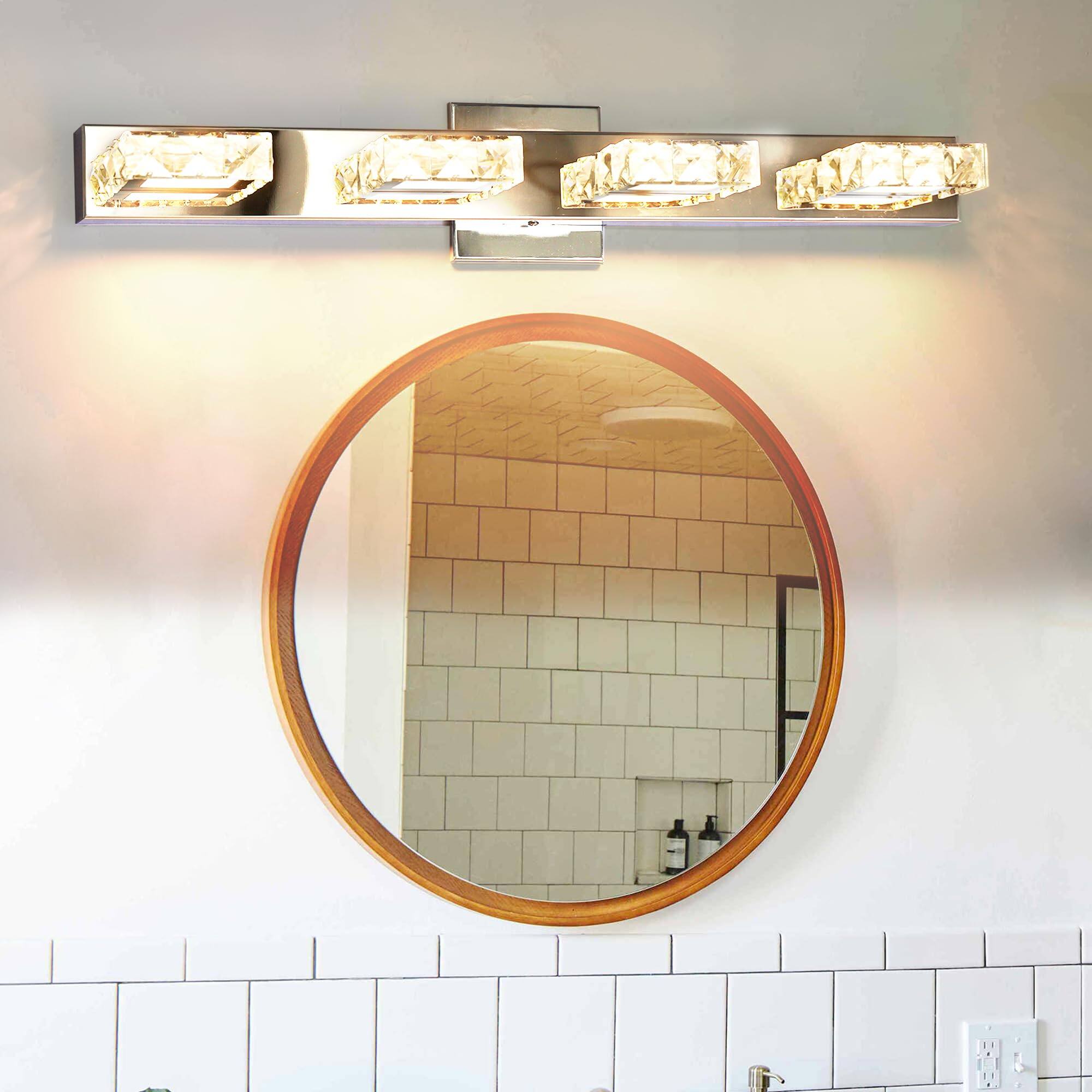 Front. TECH SAFARI - Inch Crystal Led Vanity Light Damp Location Chrome Bathroom Over Mirror Fixtures k Warm Dimmable For Beroom - 24 Inch-4 Crystal Shade.